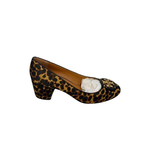 Tory Burch 55mm Multi Logo Leopard Pumps Brown Calf Hair Block Heel Size 8 - Picture 4 of 8